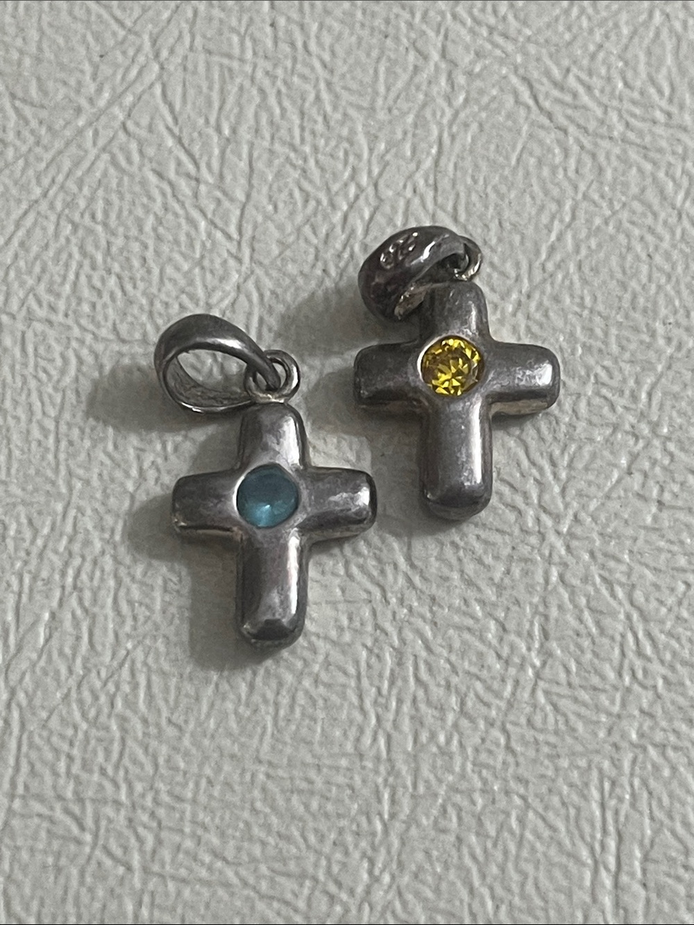 925 Silver Cross Charm Pair with Blue and Yellow Stones